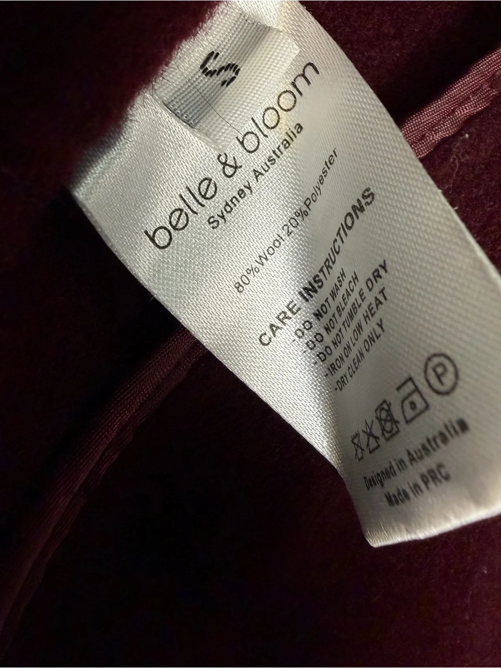 Belle & Bloom I'm Yours Wool Blend Peacoat Burgundy Small